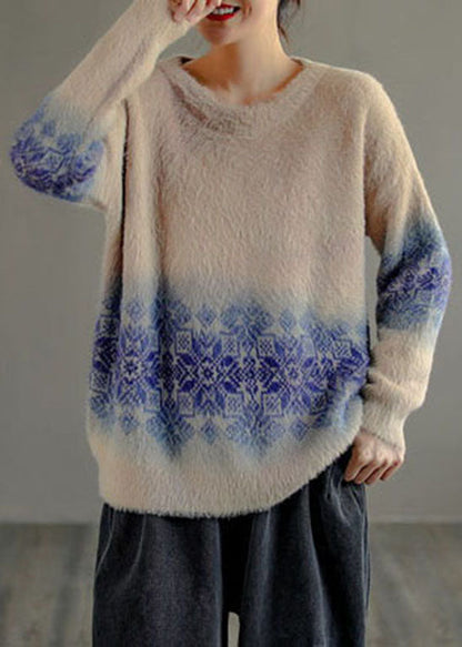 Milk Tea Color O-neck Print Thick Mink Hair Knitted Tops Long Sleeve