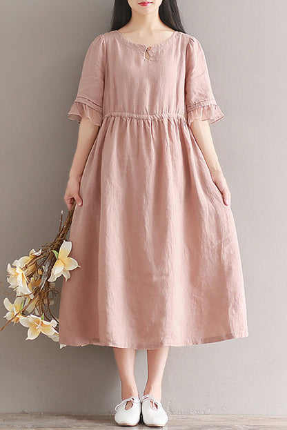 -summer Cotton Linen Dress Short Sleeve Pink Dress