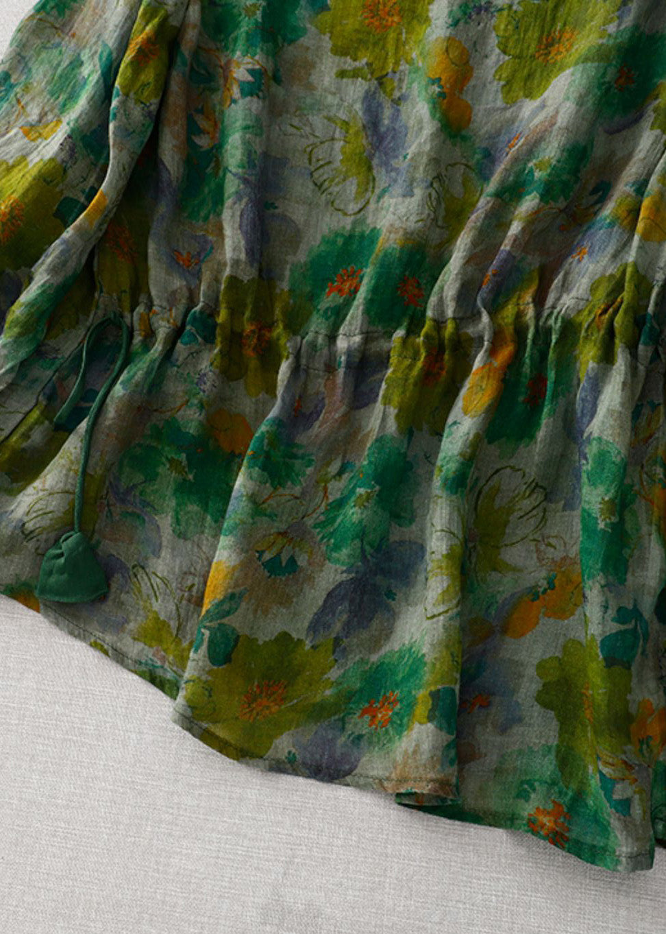 Natural Green O-neck Print Wrinkled Linen Tops Long Sleeve