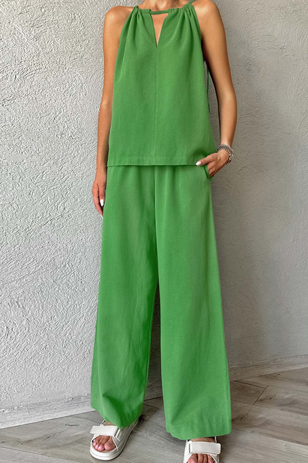 Tie-up Cutout Cotton Tank Top Long Pants Suits