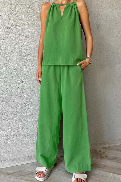 Tie-up Cutout Cotton Tank Top Long Pants Suits