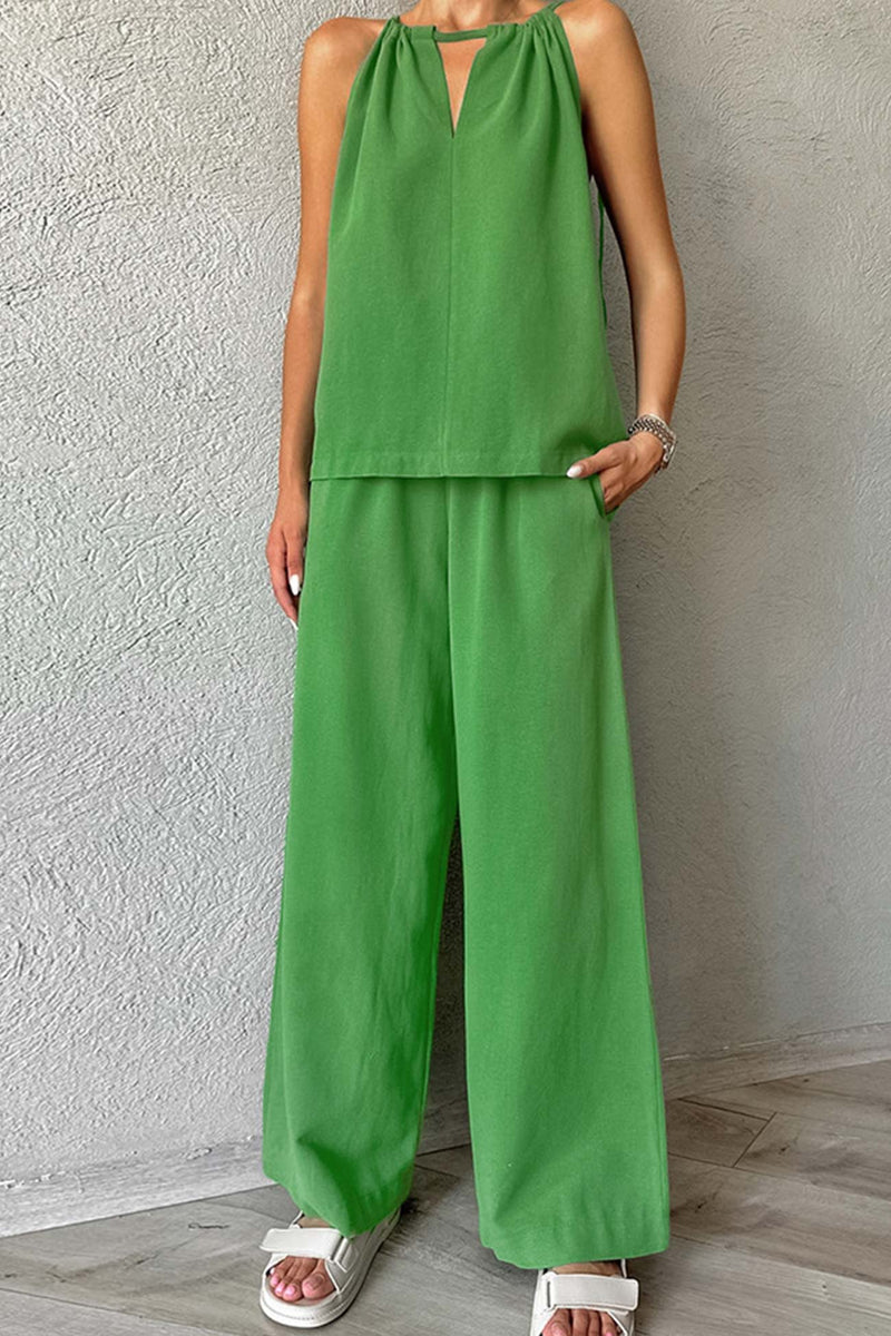 Tie-up Cutout Cotton Tank Top Long Pants Suits