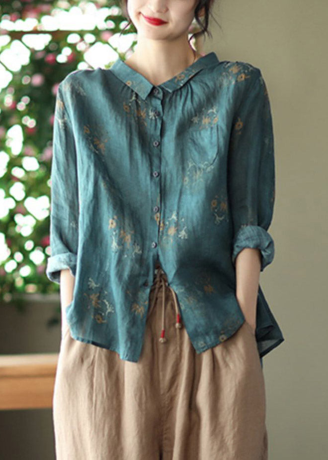 Retro Peacock Grey Peter Pan Collar Print Button Wrinkled Shirts Long Sleeve