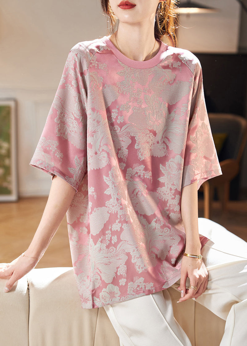 Jacquard Pink O-neck Chiffon T Shirts Half Sleeve