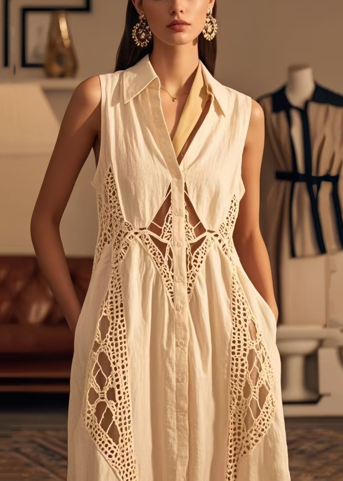 White Peter Pan Collar Patchwork Cotton Dresses Sleeveless