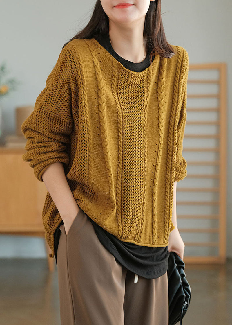 Yellow O-neck Hollow Out Knit Sweaters Fall