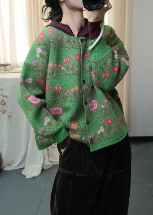 Green O Neck Print Loose Knit Cardigans Spring