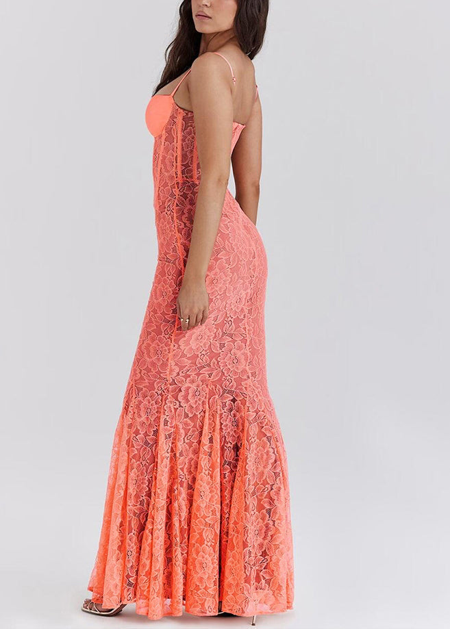New Orange Backless Lace Slim Fit Spaghetti Strap Dress Summer