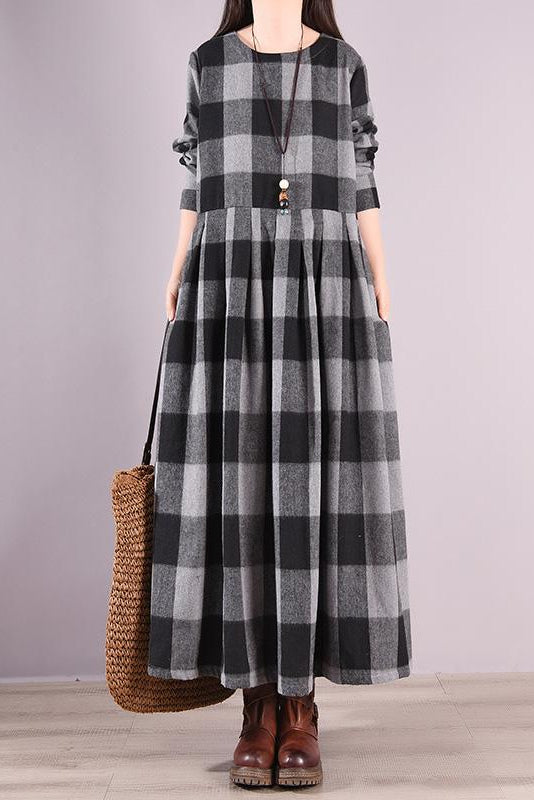 -fall Plaid Fold Patchwork Cotton Dress