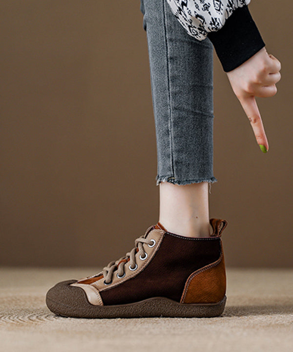 Red Cowhide Leather Splicing Lace Up Boots