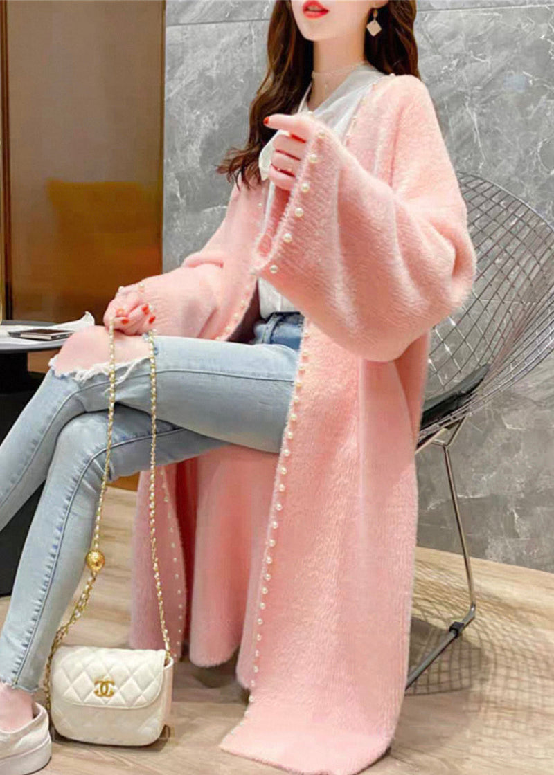 Pink V Neck Pearl Knit Cardigan Spring