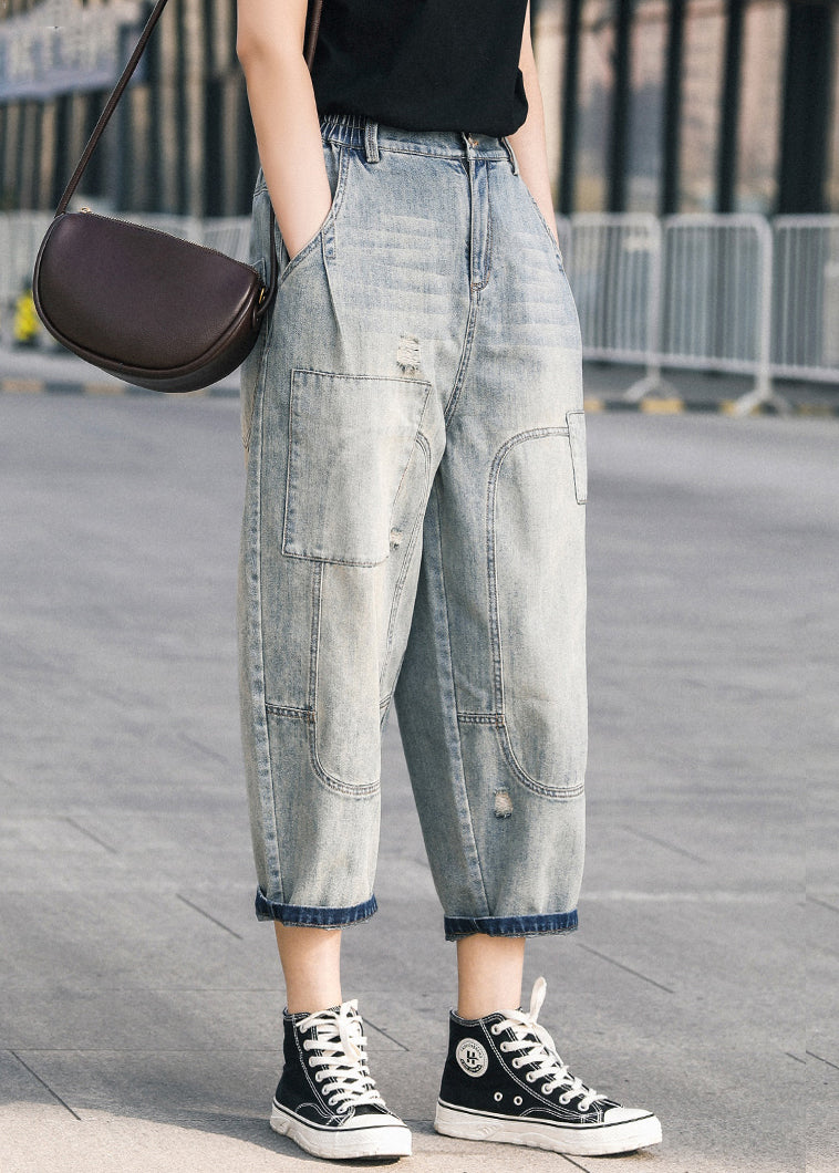 Blue Oversized Patchwork Applique Denim Ripped Pants Summer