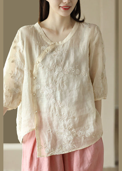 Fine Apricot Embroidered Button Patchwork Linen Top Summer