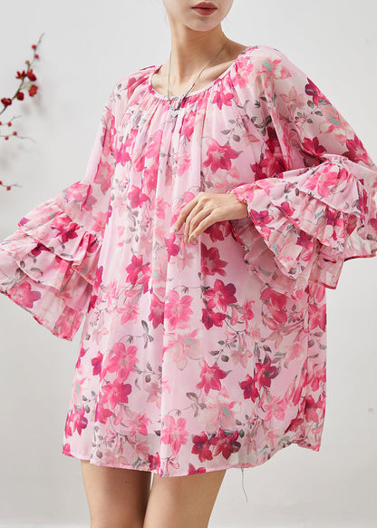 Diy Pink Oversized Print Chiffon Top Flare Sleeve
