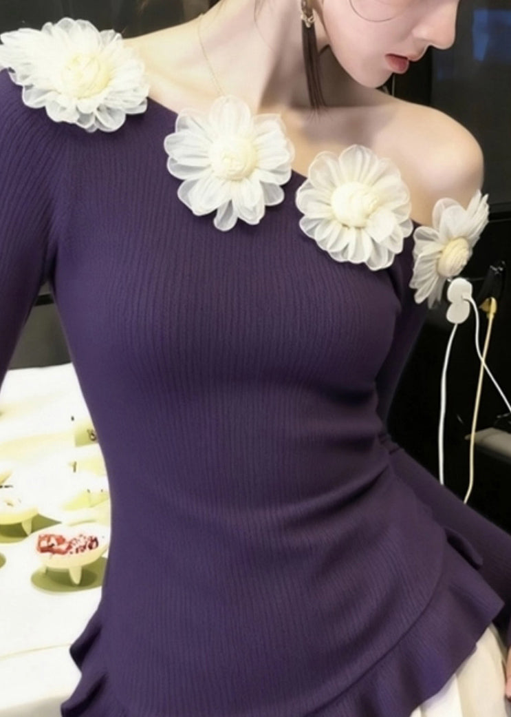 Art Purple Cold Shoulder Knit Sweater Winter