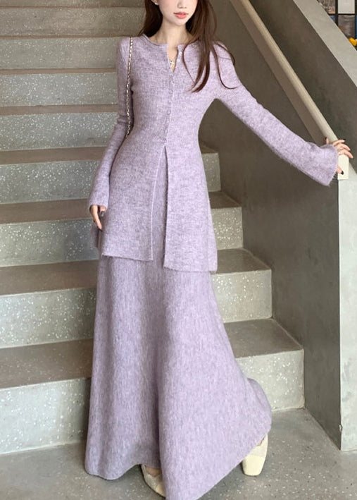 Purple Button Front Open Knit Two Piece Set Flare Sleeve