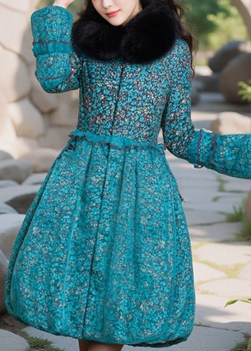 Blue Print Ruffled Patchwork Fine Cotton Filled Coat Winter
