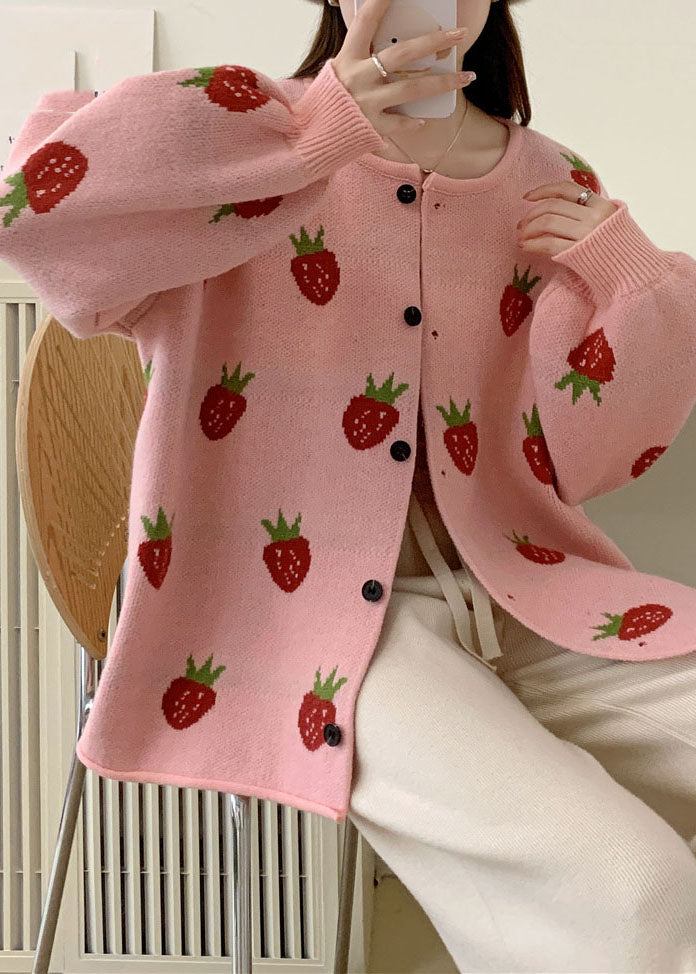 Pink Strawberry Cotton Knit Sweaters Coats Fall