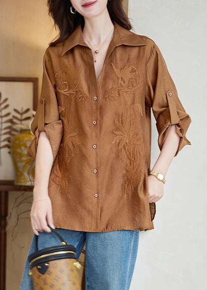 New Caramel Embroidered Button Side Open Cotton Blouse Fall