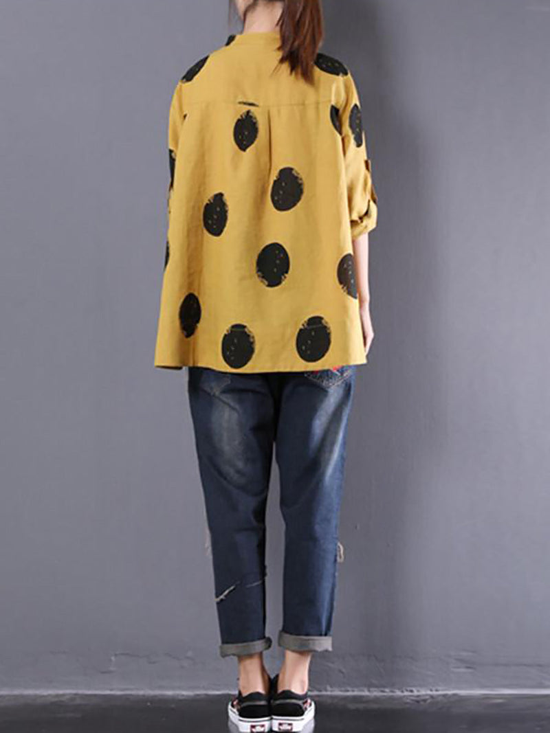 Loose Dots Long Sleeve Cotton Linen Shirt