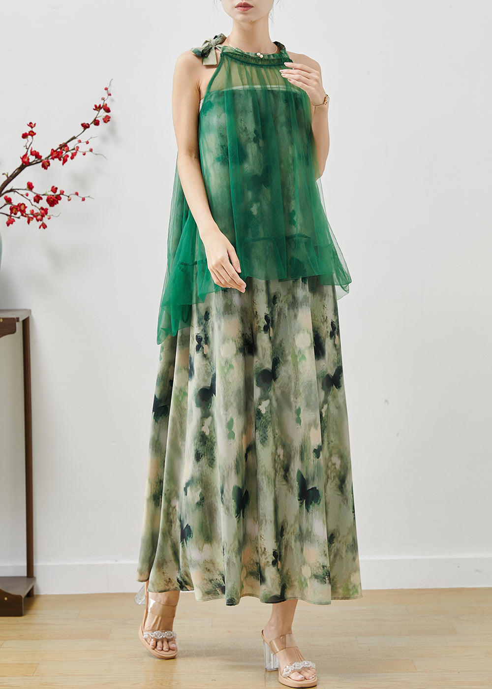 Green Cold Shoulder Tie Dye Chiffon Dresses Summer