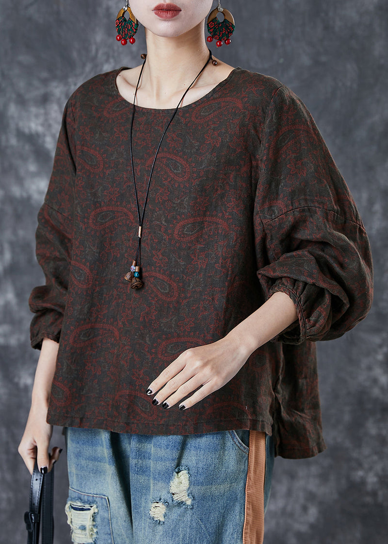 Chocolate Oversized Print Linen Shirt Tops Fall