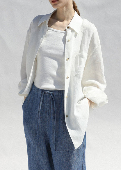 White Peter Pan Collar Linen Shirt Tops Spring