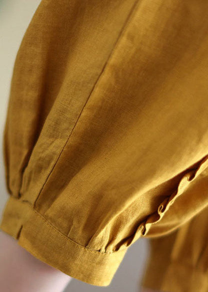 Yellow Elastic Waist Ruffled Pockets Linen Harem Pants Summer