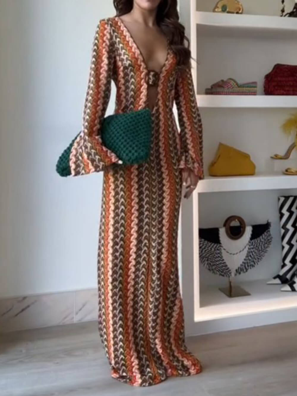 Soda Orange Stripe Print O-ring Long Sleeve Beach Maxi Dress
