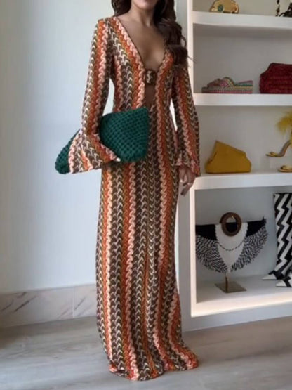 Soda Orange Stripe Print O-ring Long Sleeve Beach Maxi Dress