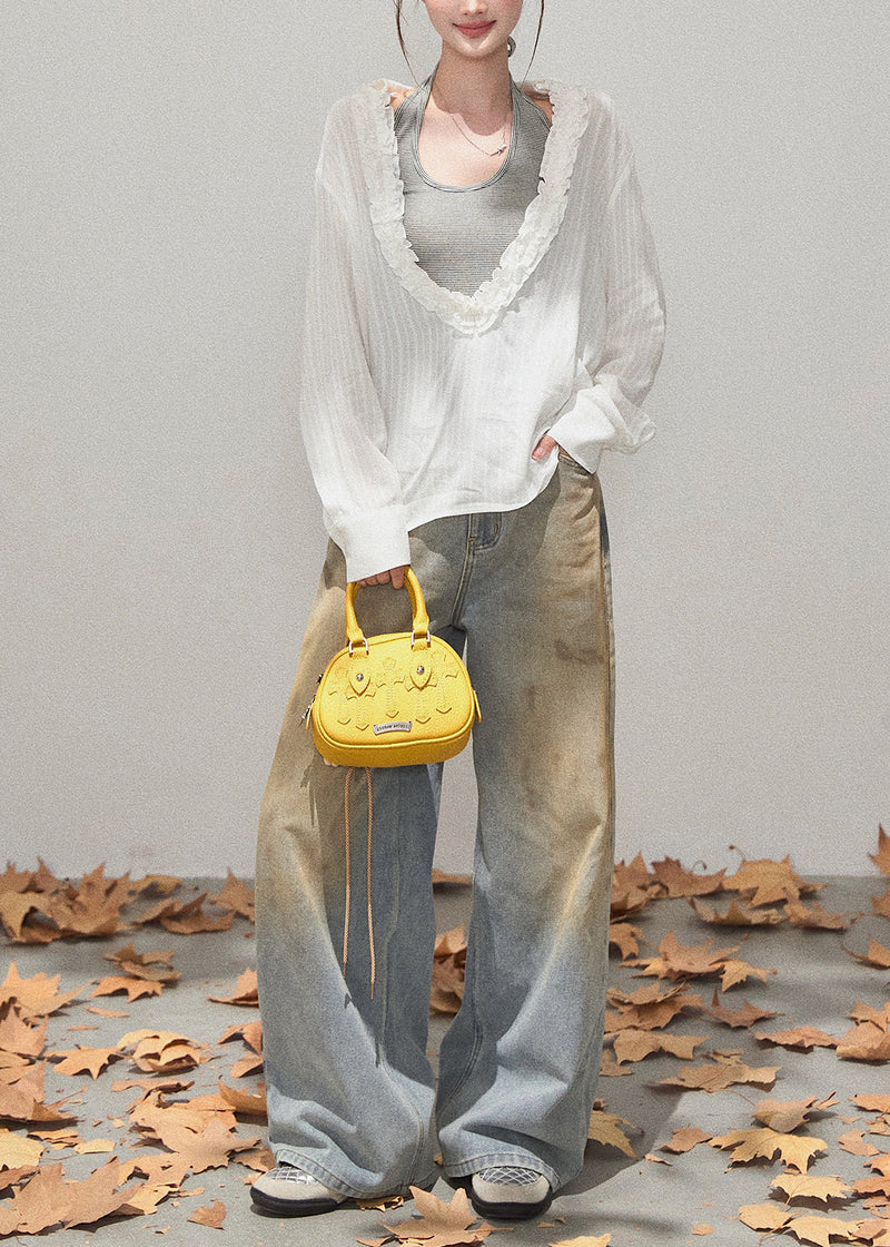 White Deep V-neck Ruffled Cotton Shirt Fall
