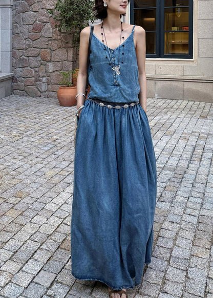 Organic Denim Blue V Neck Pockets Patchwork Long Spaghetti Strap Dress Sleeveless