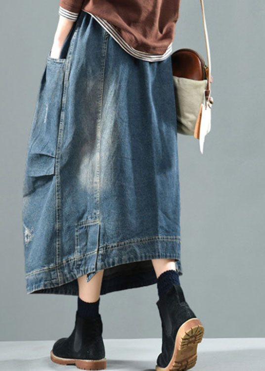 Blue Elastic Waist Pockets Patchwork Fall Denim Skirt