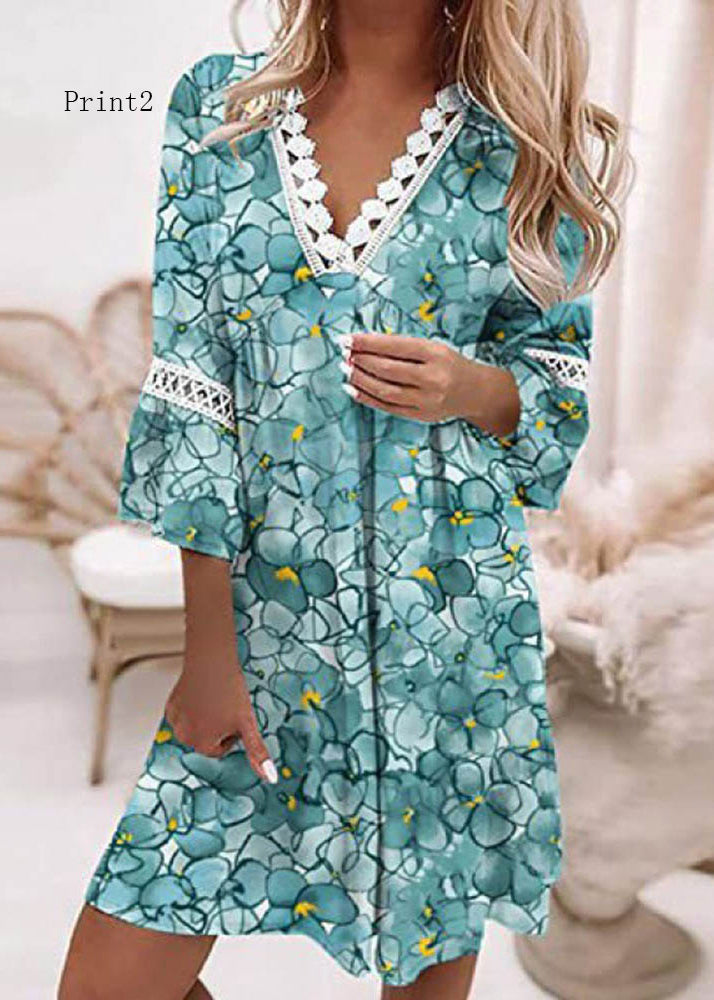 V Neck Print Patchwork Cotton Mid Dresses Summer
