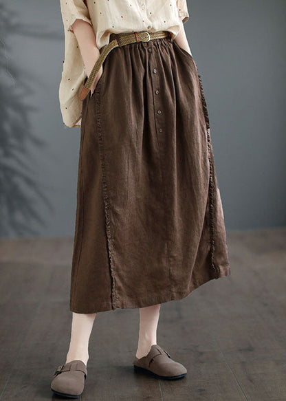 Coffee Ruffled Pockets Patchwork Linen Skirts Summer