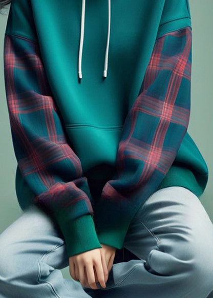 Blue Hooded Plaid Patchwork Cotton Sweatshirts Spring