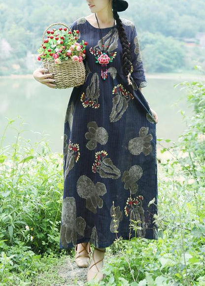 Loose Navy Cotton Linen Robes Sleeve Prints Summer Dress