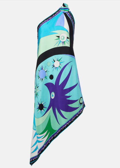 Hanging Neck Backless Print Silk Asymmetrical Dress