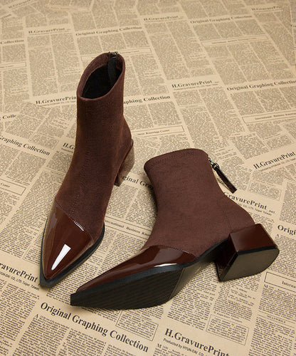 Brown Chunky Splicing Boots Pointed Toe