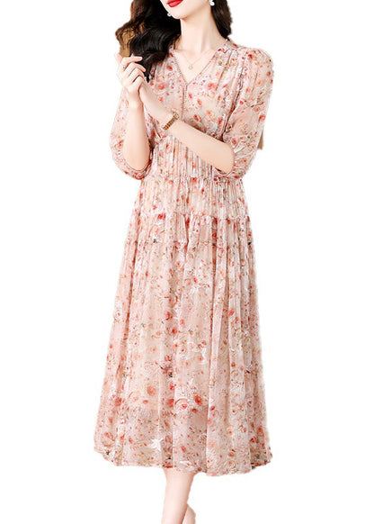 Pink V Neck Embroidered Wrinkled Silk Dress Summer