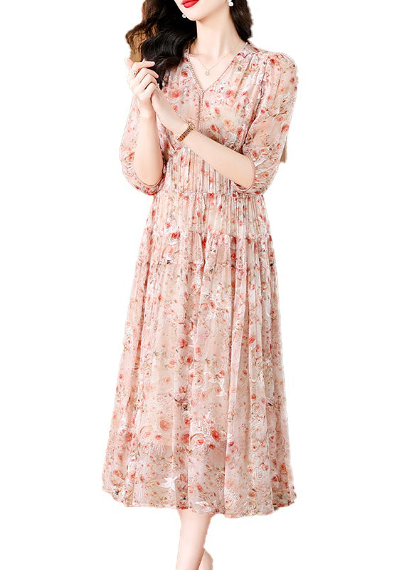 Pink V Neck Embroidered Wrinkled Silk Dress Summer