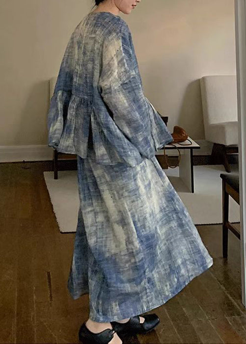 Blue O Neck Top and Spaghetti Strap Dress Cotton Two-piece Set Spring