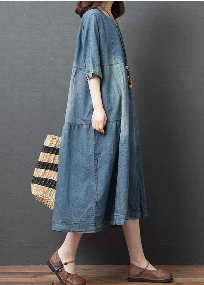 Blue Patchwork Cotton Denim Dresses Button Half Sleeve
