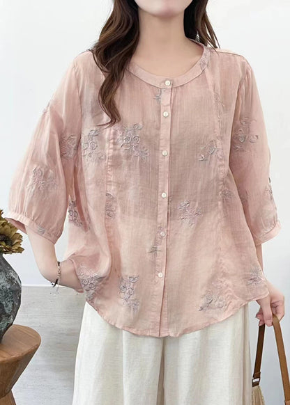 Pink Embroidered Linen Loose Shirt Half Sleeve