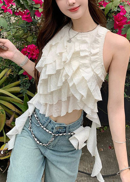 White O-neck Ruffled Cotton Tops Sleeveless