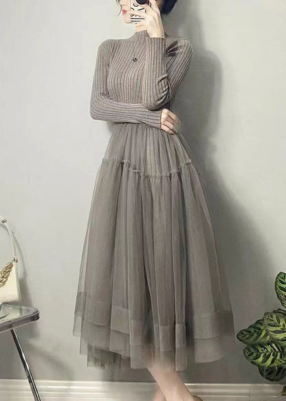 Grey Asymmetrical Tulle Patchwork Long Dresses Fall