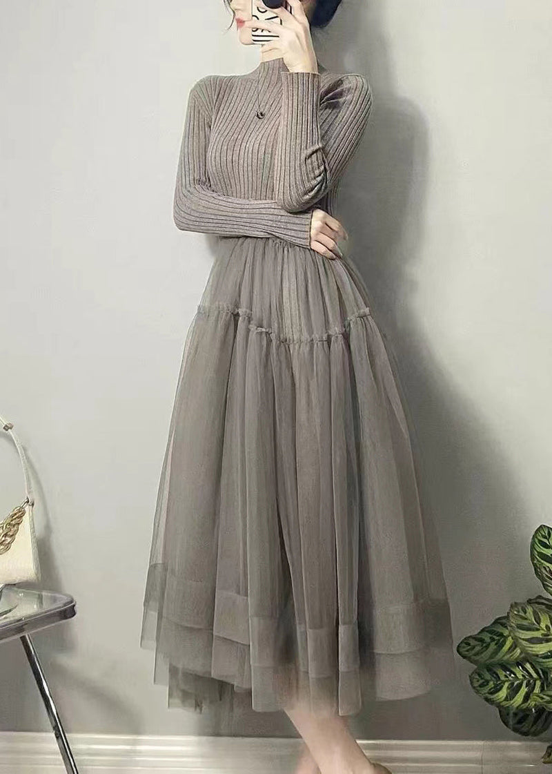 Grey Asymmetrical Tulle Patchwork Long Dresses Fall