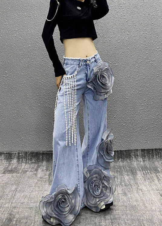Blue Pockets Bead Tassel Denim Pants Fall