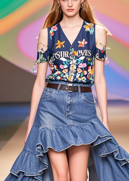 Blue Ruffles Low High Design Denim Holiday Skirts Spring