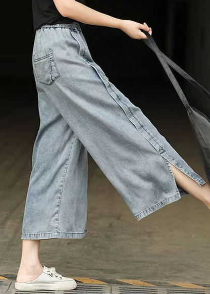 Light Blue Elastic Waist Side Open Denim Crop Pants Summer